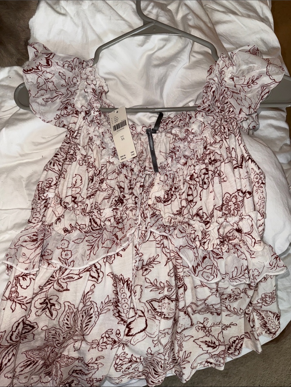 Anthropology White and Burgundy Floral Smocked Ruffle Women's Top